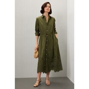 Polo Ralph Lauren Jessica Day Green Cotton Eyelet Drawstring Midi Shirt Dress 14